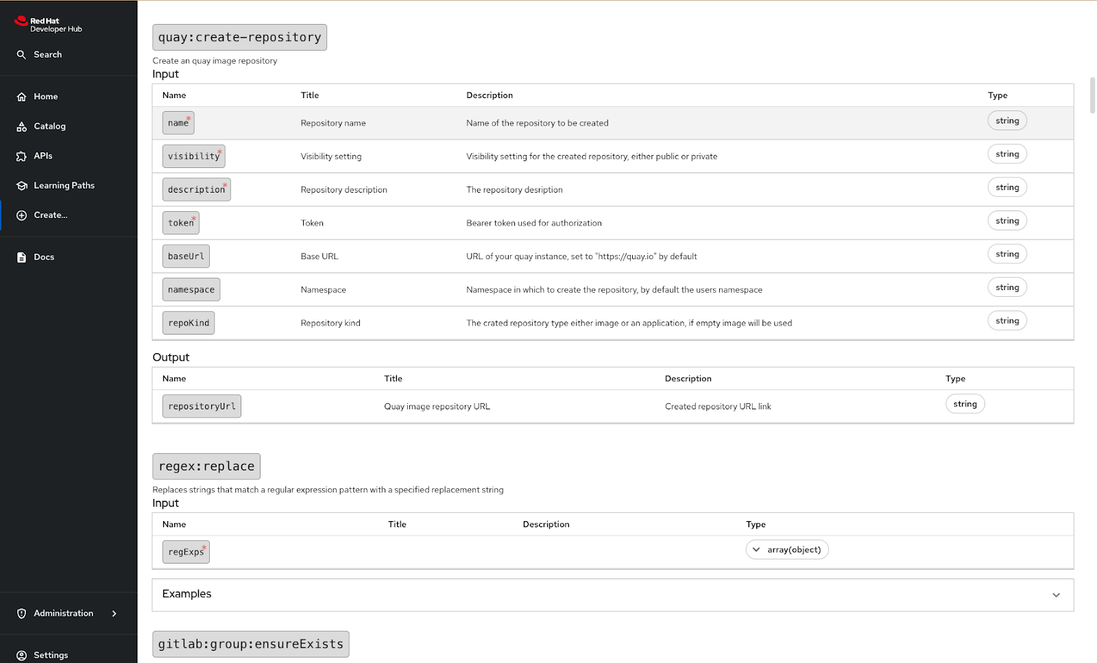 Viewing the installed actions in Red Hat Developer Hub.