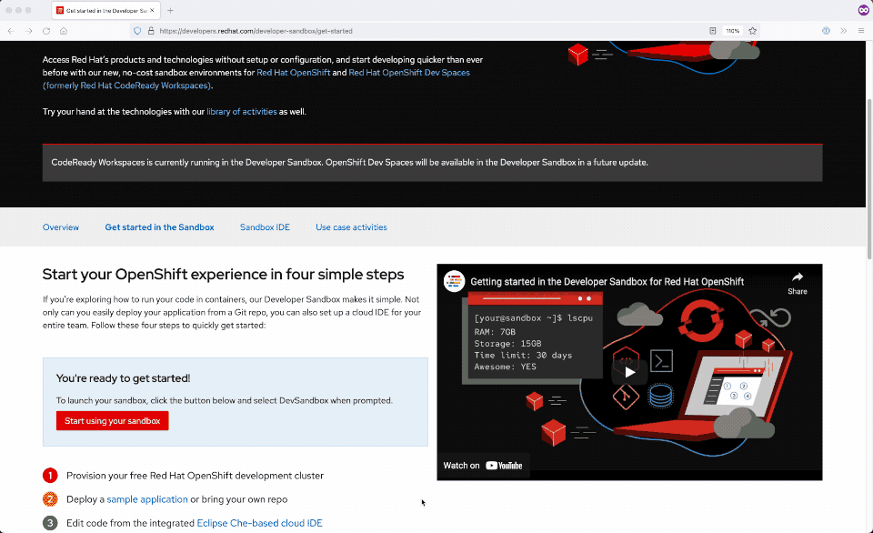 Running Visual Studio Code in the Red Hat Developer Sandbox using the DevWorkspace Operator