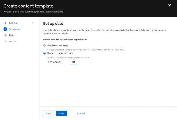 Selecting between two options, always using the latest available snapshots, or selecting a specific date.