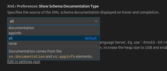 element-hover-settings The VSCode settings menu, displaying the different options available for displaying XSD documentation