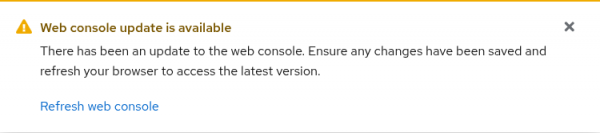 Figure 1: OpenShift web console 'update is available' popup message.