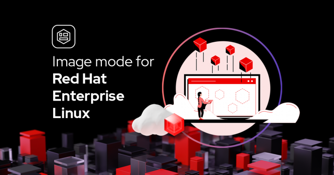 Stylized image for "Image mode for Red Hat Enterprise Linux." A person on a cloud uses a laptop displaying containers represented by hexagon shapes.