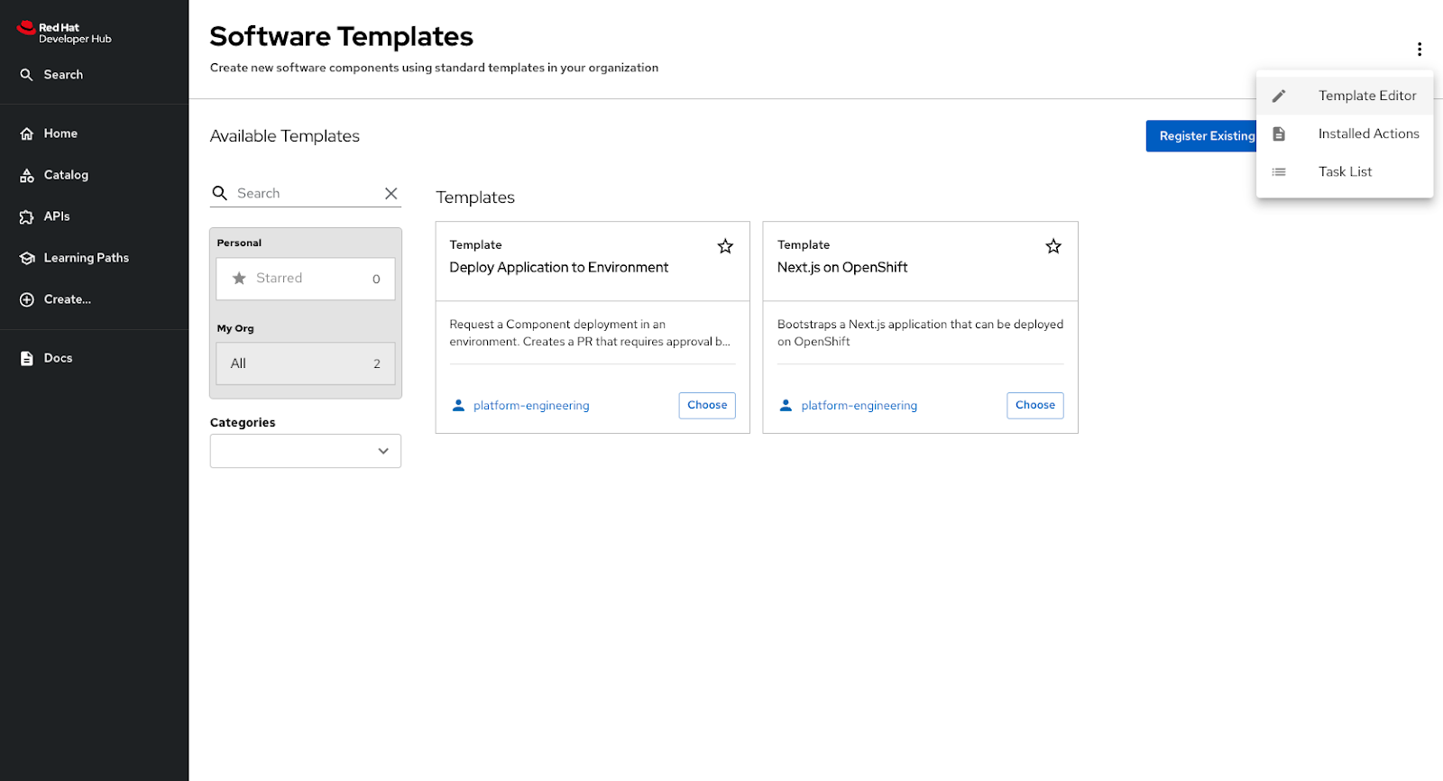 Accessing the template editor from the Software Templates screen in Backstage.